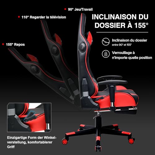 GTPLAYER Chaise Gaming Ergonomique avec Haut-Parleur Bluetooth – Modèle Rouge