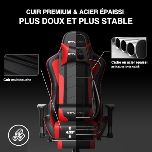GTPLAYER Chaise Gaming Ergonomique avec Haut-Parleur Bluetooth – Modèle Rouge