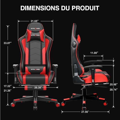 GTPLAYER Chaise Gaming Ergonomique avec Haut-Parleur Bluetooth – Modèle Rouge