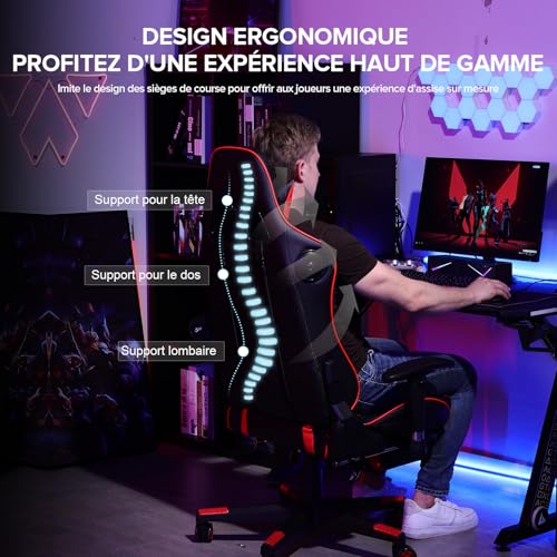 GTPLAYER Chaise Gaming Ergonomique avec Haut-Parleur Bluetooth – Modèle Rouge
