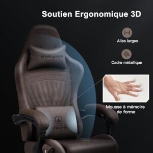 GTPLAYER Chaise Gaming Ergonomique avec Repose-Pieds et Bluetooth – Marron Clair