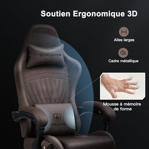 GTPLAYER Chaise Gaming Ergonomique avec Repose-Pieds et Bluetooth – Marron Clair