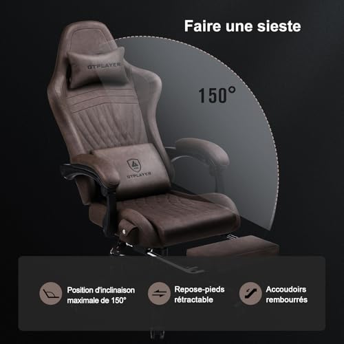 GTPLAYER Chaise Gaming Ergonomique avec Repose-Pieds et Bluetooth – Marron Clair