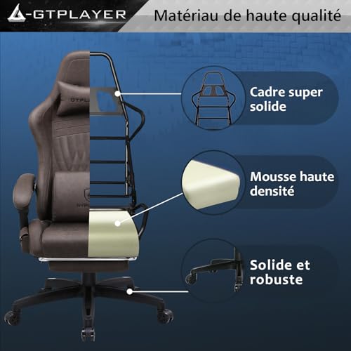 GTPLAYER Chaise Gaming Ergonomique avec Repose-Pieds et Bluetooth – Marron Clair