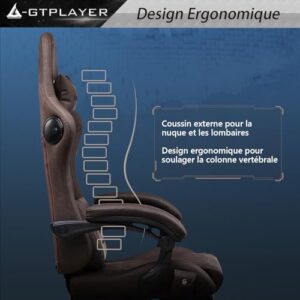 GTPLAYER Chaise Gaming Ergonomique avec Repose-Pieds et Bluetooth – Marron Clair