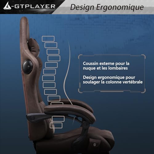 GTPLAYER Chaise Gaming Ergonomique avec Repose-Pieds et Bluetooth – Marron Clair