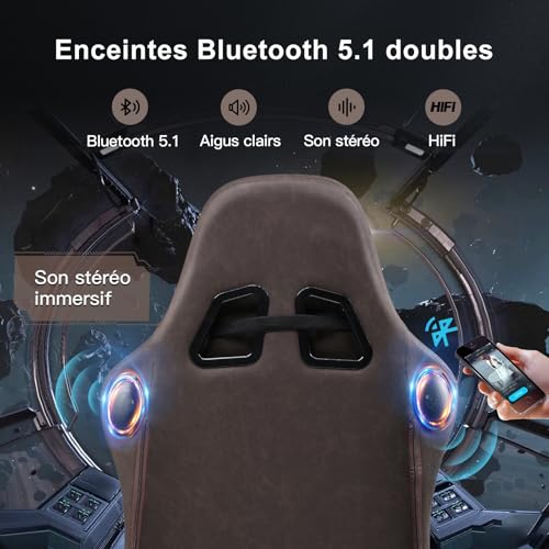 GTPLAYER Chaise Gaming Ergonomique avec Repose-Pieds et Bluetooth – Marron Clair