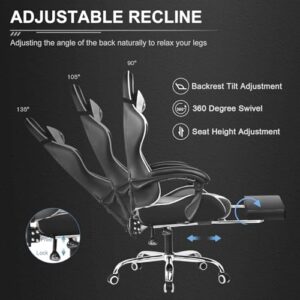GTPLAYER Chaise Gaming avec Massage Lombaire et Repose-Pieds Rétractable, Blanc