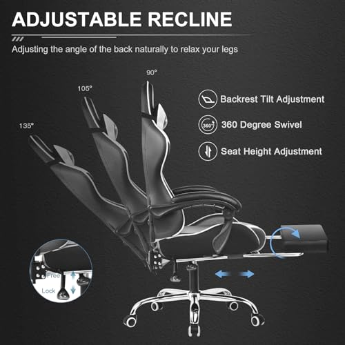 GTPLAYER Chaise Gaming avec Massage Lombaire et Repose-Pieds Rétractable, Blanc