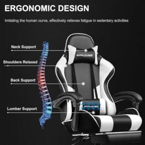 GTPLAYER Chaise Gaming avec Massage Lombaire et Repose-Pieds Rétractable, Blanc