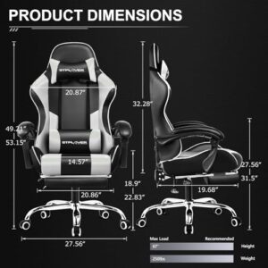 GTPLAYER Chaise Gaming avec Massage Lombaire et Repose-Pieds Rétractable, Blanc