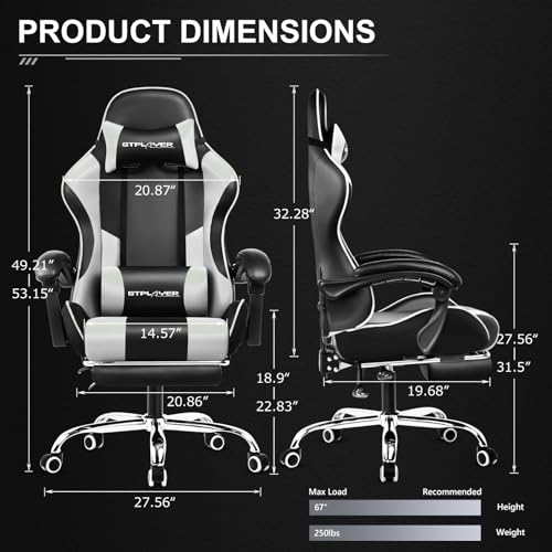 GTPLAYER Chaise Gaming avec Massage Lombaire et Repose-Pieds Rétractable, Blanc