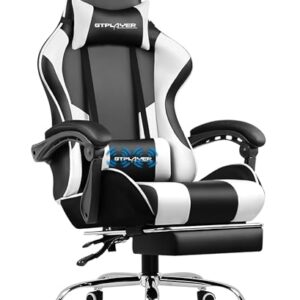GTPLAYER Chaise Gaming avec Massage Lombaire et Repose-Pieds Rétractable, Blanc