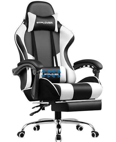 GTPLAYER Chaise Gaming avec Massage Lombaire et Repose-Pieds Rétractable, Blanc
