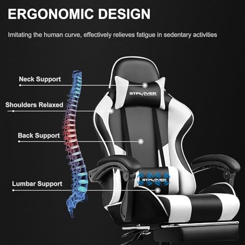GTPLAYER Chaise Gaming avec Massage Lombaire et Repose-Pieds Rétractable, Blanc