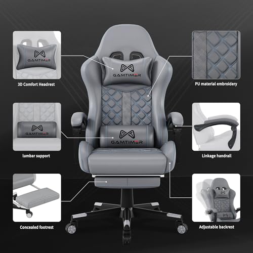 Gamtimer Chaise de jeu ergonomique grise avec repose-pieds et support lombaire