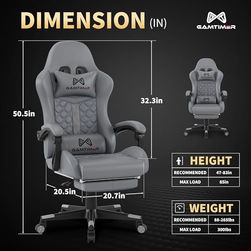 Gamtimer Chaise de jeu ergonomique grise avec repose-pieds et support lombaire