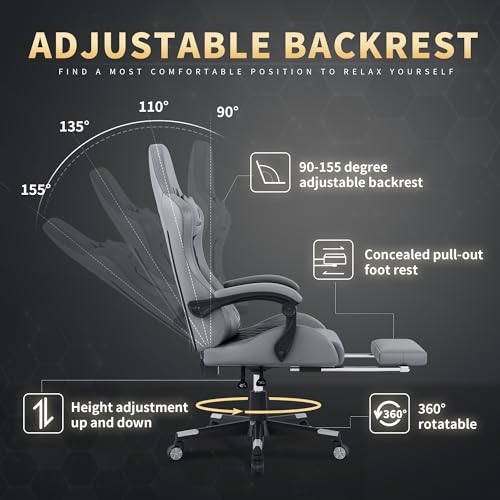Gamtimer Chaise de jeu ergonomique grise avec repose-pieds et support lombaire