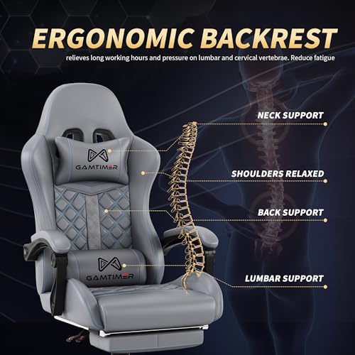Gamtimer Chaise de jeu ergonomique grise avec repose-pieds et support lombaire