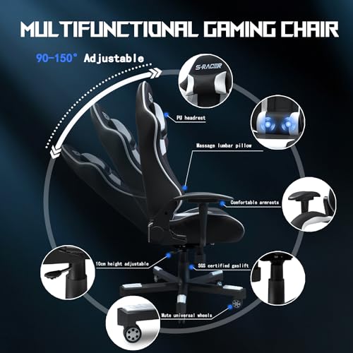 JUMMICO XL Chaise de Gaming Ergonomique avec Support Lombaire, 150 kg, Blanc
