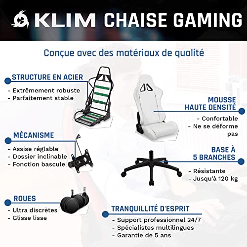 KLIM Chaise Gaming 2024 – Simili Cuir, Inclinable avec Coussin Lombaire (Blanc)
