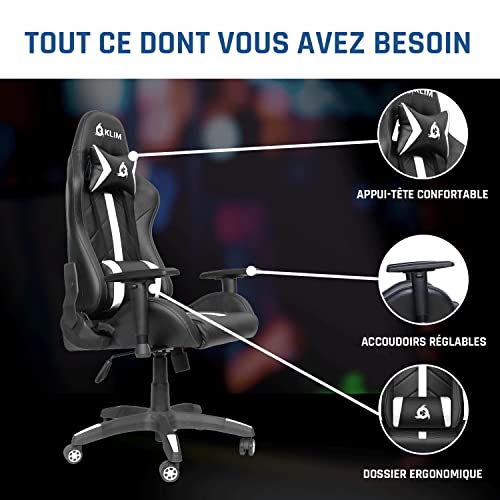 KLIM Chaise Gaming 2024 – Simili Cuir, Inclinable avec Coussin Lombaire (Blanc)