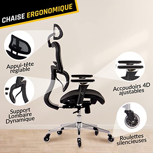 KLIM K800 : Chaise de Bureau Ergonomique avec Support Lombaire et Accoudoirs 4D