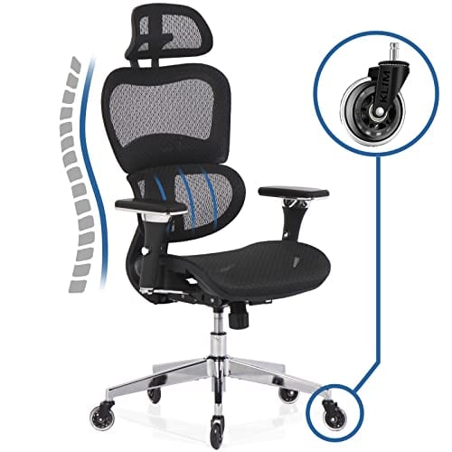 KLIM K800 : Chaise de Bureau Ergonomique avec Support Lombaire et Accoudoirs 4D
