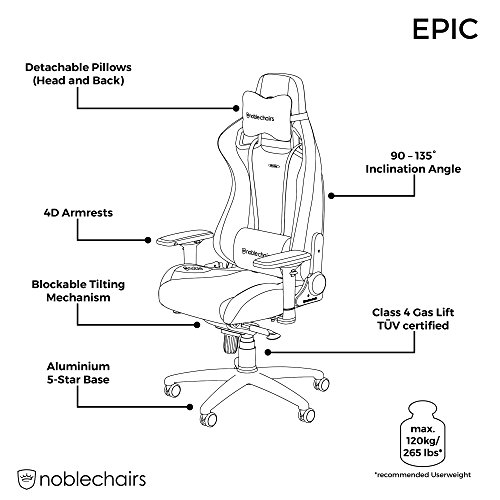 Noblechairs Epic : Chaise de Gaming et Bureau en Cuir Véritable Noir