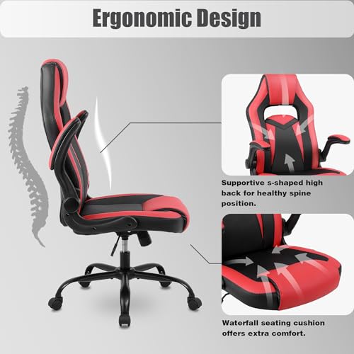 Chaise Gaming Youhauchair Ergonomique Rouge/Noir, Accoudoirs Rabattables, jusqu’à 150kg