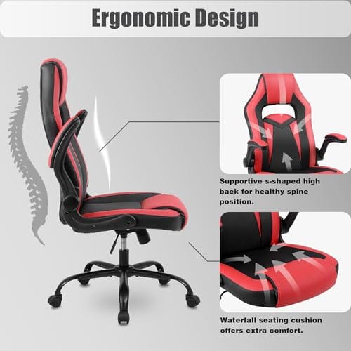 Chaise Gaming Youhauchair Ergonomique Rouge/Noir, Accoudoirs Rabattables, jusqu’à 150kg
