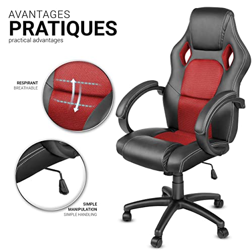 Chaise de Bureau Racing Ergonomique TRESKO Noir/Rouge, Inclinable avec Accoudoirs Rembourrés
