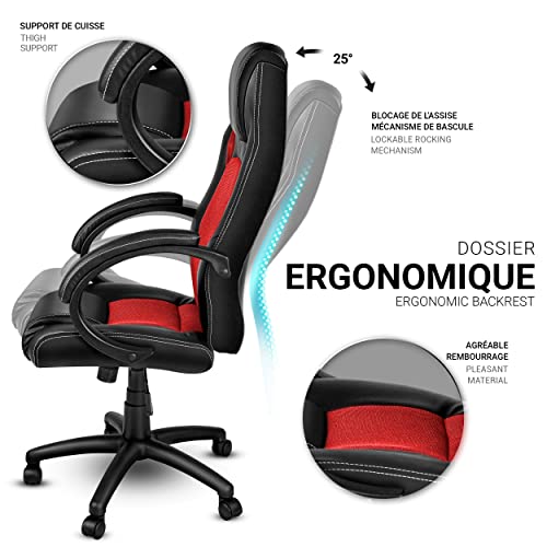 Chaise de Bureau Racing Ergonomique TRESKO Noir/Rouge, Inclinable avec Accoudoirs Rembourrés