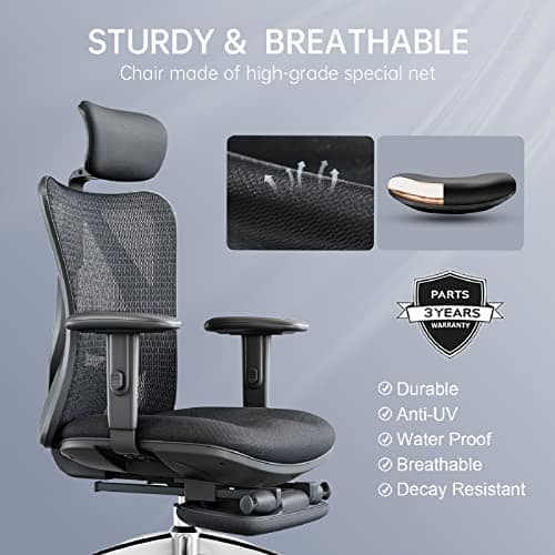 SIHOO Fauteuil de Bureau Ergonomique Noir avec Repose-Pieds et Support Lombaire