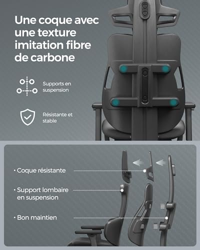 SONGMICS EVOGAMER Fauteuil Gaming Noir, Dossier Inclinable et Accoudoirs Réglables