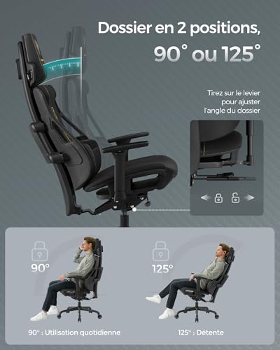 SONGMICS EVOGAMER Fauteuil Gaming Noir, Dossier Inclinable et Accoudoirs Réglables