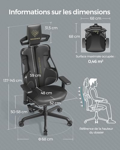 SONGMICS EVOGAMER Fauteuil Gaming Noir, Dossier Inclinable et Accoudoirs Réglables