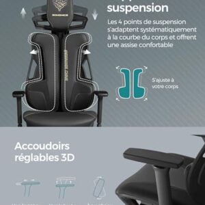 SONGMICS EVOGAMER Fauteuil Gaming Noir, Dossier Inclinable et Accoudoirs Réglables