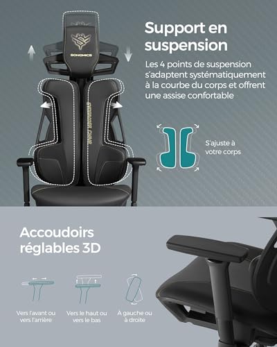 SONGMICS EVOGAMER Fauteuil Gaming Noir, Dossier Inclinable et Accoudoirs Réglables