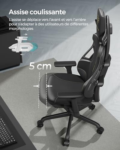 SONGMICS EVOGAMER Fauteuil Gaming Noir, Dossier Inclinable et Accoudoirs Réglables