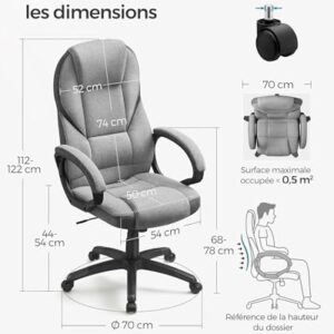SONGMICS OBG022G01 : Chaise Ergonomique et Fauteuil Gamer Réglable en Gris