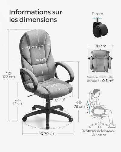 SONGMICS OBG022G01 : Chaise Ergonomique et Fauteuil Gamer Réglable en Gris