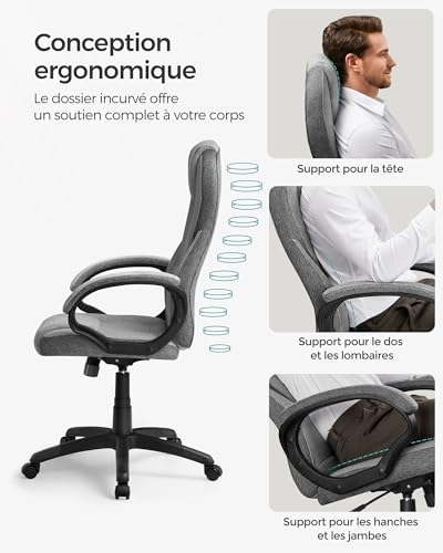 SONGMICS OBG022G01 : Chaise Ergonomique et Fauteuil Gamer Réglable en Gris