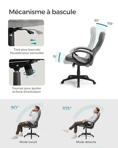 SONGMICS OBG022G01 : Chaise Ergonomique et Fauteuil Gamer Réglable en Gris