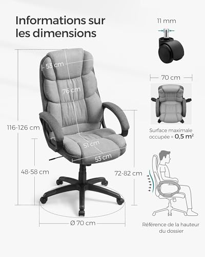 SONGMICS OBG024G01 : Chaise de Bureau Ergonomique Pivotante avec Accoudoirs