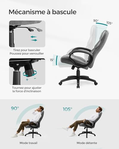SONGMICS OBG024G01 : Chaise de Bureau Ergonomique Pivotante avec Accoudoirs
