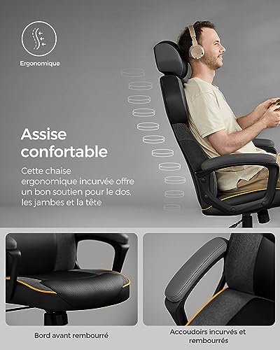 SONGMICS OBG066B01 Chaise de Bureau et Fauteuil Gaming Noir Ajustable
