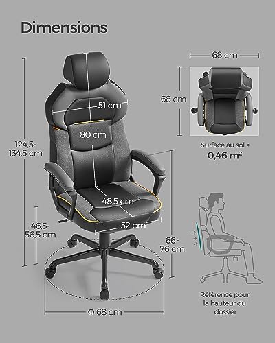 SONGMICS OBG066B01 Chaise de Bureau et Fauteuil Gaming Noir Ajustable