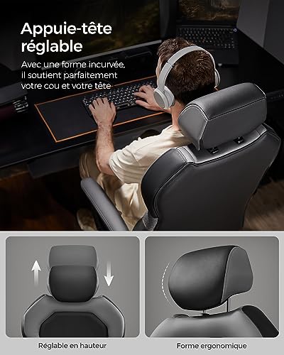 SONGMICS OBG066B01 Chaise de Bureau et Fauteuil Gaming Noir Ajustable