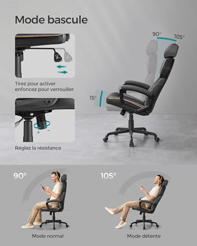 SONGMICS OBG066B01 Chaise de Bureau et Fauteuil Gaming Noir Ajustable